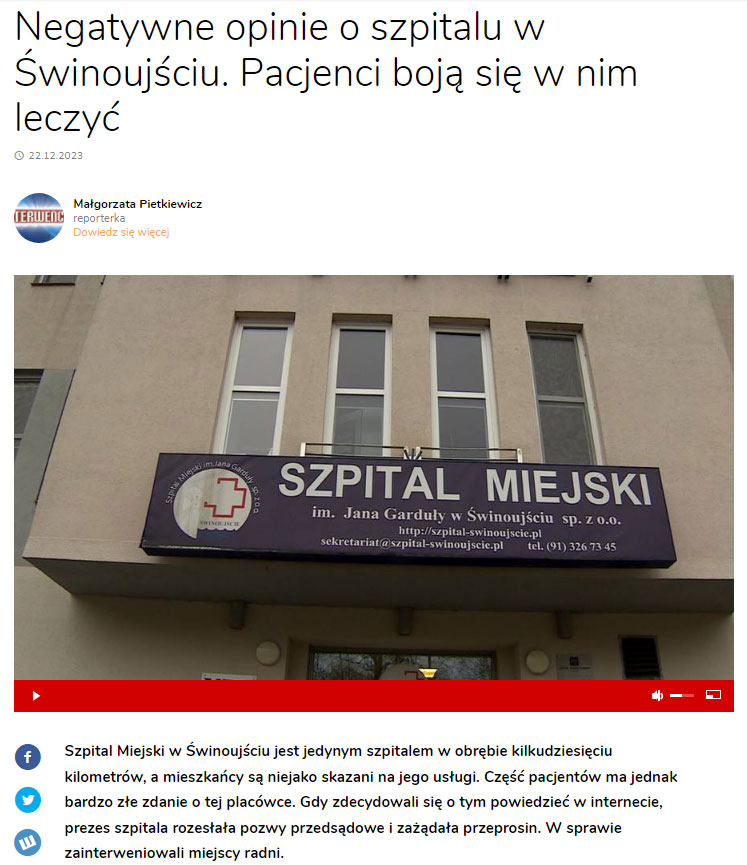 Negatywne opinie o szpitalu w Świnoujściu. Pacjenci boją się w nim leczyć