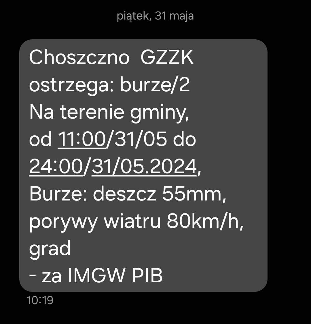 Choszczno GZZK ostrzega -  ALERT RCB - Burze