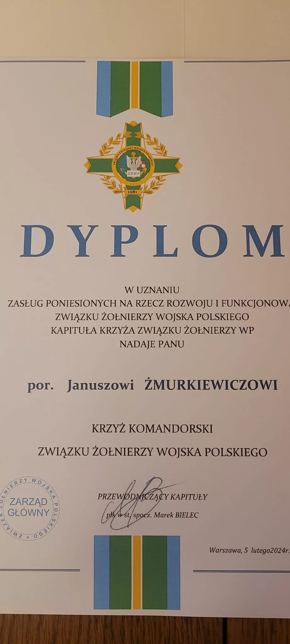 Janusz Żmurkiewicz, otrzymał prestiżowe odznaczenie - Krzyż Komandorski Związku Żołnierzy Wojska Polskiego