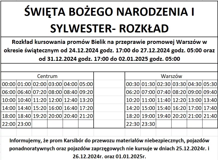 Świąteczny rozkład promów Bielik w Świnoujściu